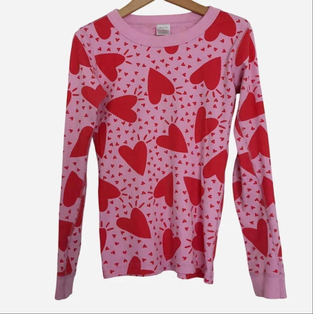 Hanna Andersson Girls Pajama Top 140 US 10 Organic Cotton Pink Red Hearts
